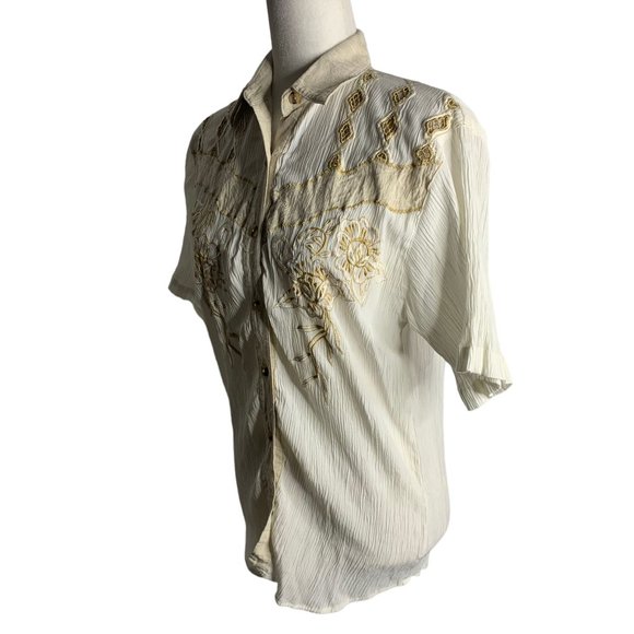 Vintage 90s Button Up Crinkle Blouse M White Short Sleeve Embroidered Cut Outs - Picture 6 of 9